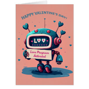 Happy Valentines Day Cute Blue Robot, Hearts Fun