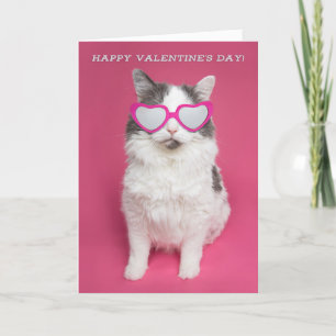 Happy Valentine's Day Cute Cat in Heart Glasses Holiday Card