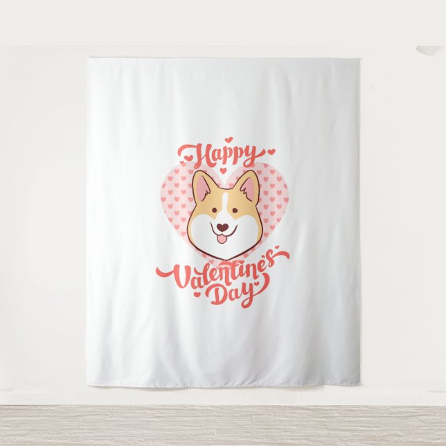 Happy Valentines Day Cute Corgi Dog Tapestry (Front)