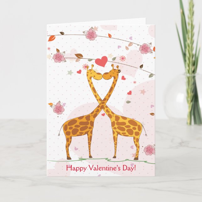 Happy Valentine's Day Cute Giraffes Flowers Holiday Card (Front)