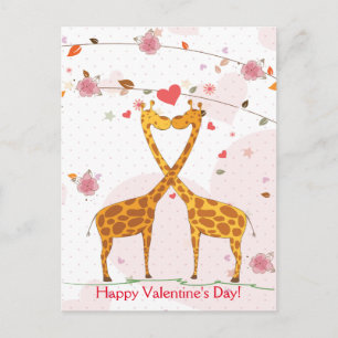 Happy Valentine's Day Cute Giraffes Flowers Holiday Postcard