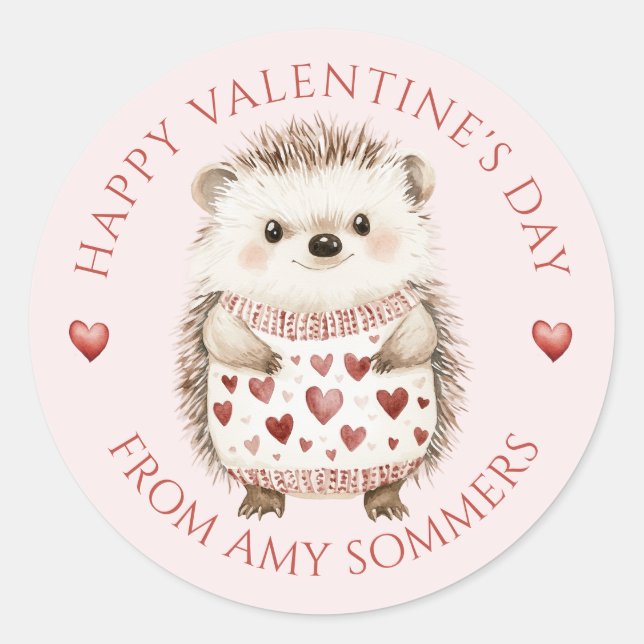 Happy Valentine's Day Cute Hedgehog Classic Round Sticker (Front)