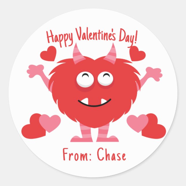 Happy Valentine's Day Cute Kid's Monster Classic Round Sticker (Front)