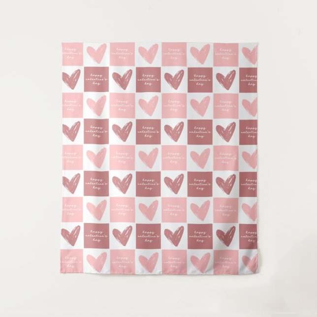Happy Valentine's Day Cute Pink Hearts Pattern Tapestry (Front)