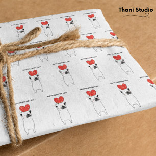 Happy Valentine's Day Cute Pug & Red Heart White Tissue Paper