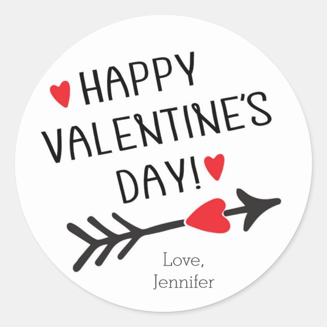 HAPPY VALENTINE'S DAY Cute Red Heart Arrow Modern Classic Round Sticker (Front)