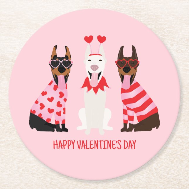 Happy Valentines Day Dobermann Dogs Round Paper Coaster (Front)