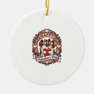 Happy Valentines Day Dog Red Heart Floral Frame_1 Ceramic Ornament