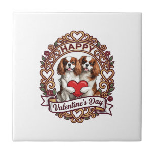 Happy Valentines Day Dog Red Heart Floral Frame_1 Ceramic Tile