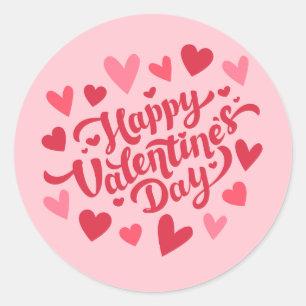 Happy Valentine's Day Elegant Script Pink Hearts  Classic Round Sticker