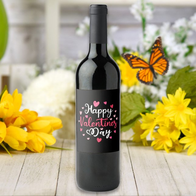Happy Valentine's Day Elegant Script Pink Hearts Wine Label (Creator Uploaded)