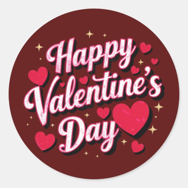 Happy Valentine's Day elegant script Red hearts    Classic Round Sticker (Front)