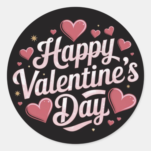 Happy Valentine's Day elegant script Red hearts    Classic Round Sticker (Front)