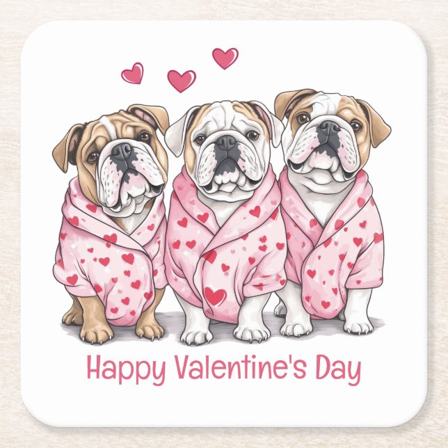 Happy Valentines Day English Bulldog Square Paper Coaster (Front)