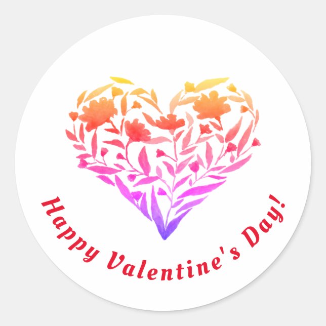 Happy Valentines Day | Floral Heart  Round Sticker (Front)