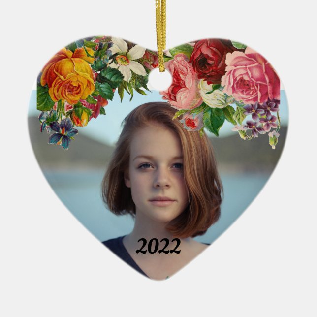 Happy Valentine's Day Floral Photo Wedding Ceramic Ornament (Front)