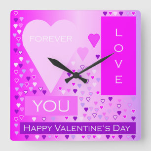 Happy Valentine's Day Forever Love Hearts Pink Square Wall Clock