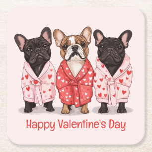 Happy Valentines Day French Bulldog Square Paper Coaster