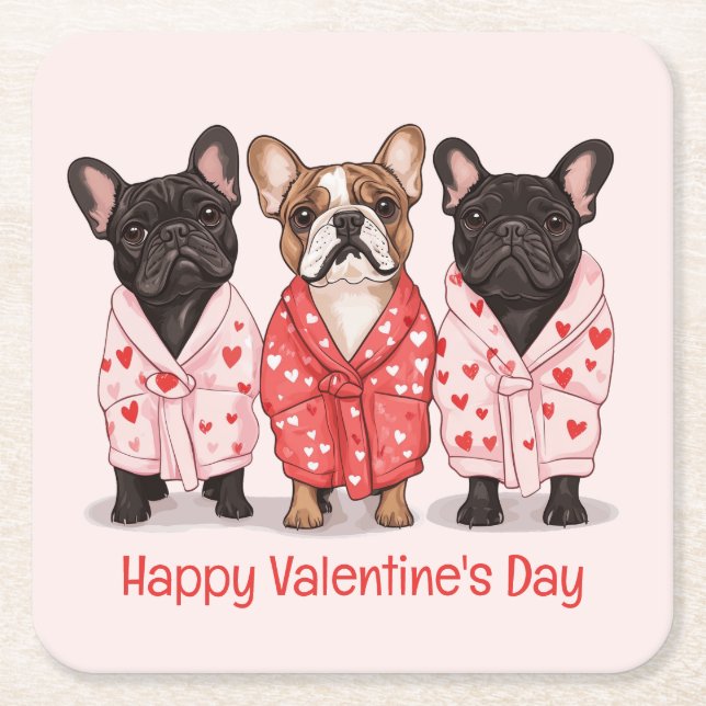 Happy Valentines Day French Bulldog Square Paper Coaster (Front)