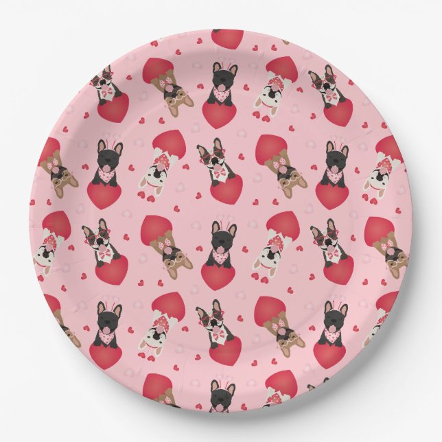 Happy Valentines Day French Bulldogs Paper Plate (Front)