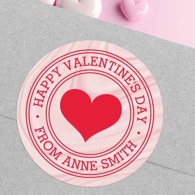 Happy Valentine's Day from Name pink satin swirls Classic Round Sticker (Happy Valentine's Day from Name pink satin swirls Classic Round Sticker)