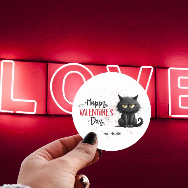 Happy Valentines Day Funny Black Cat  Classic Round Sticker (Creator Uploaded)