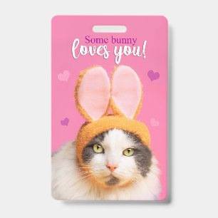Happy Valentine's Day Funny Cat in Bunny Ears ID Badge