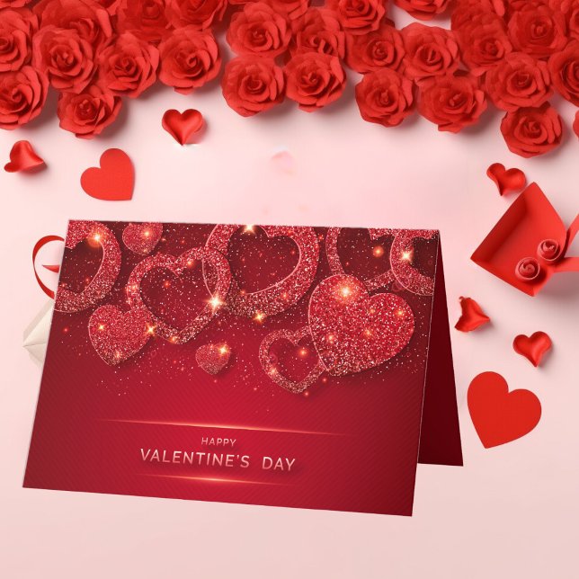 Happy Valentine's Day Glitter Red Bling Hearts Holiday Card (Creator Uploaded)