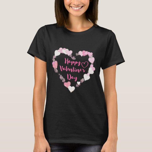 Happy Valentine's Day Glittery Pink Hearts T-Shirt (Front)