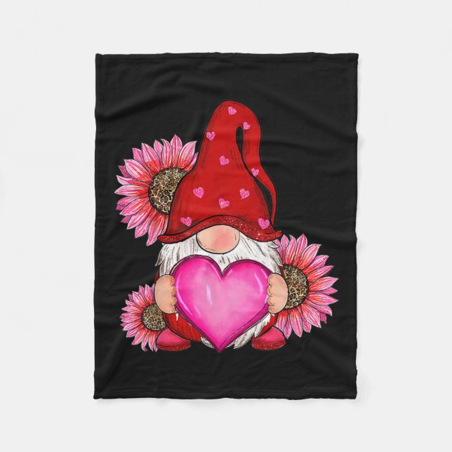 Happy Valentine's Day Gnome With Leopard Sunflower Fleece Blanket (Front)
