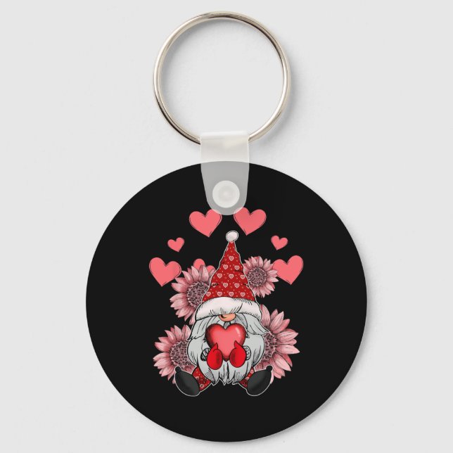Happy Valentine's Day Gnome With Leopard Sunflower Key Ring (Front)