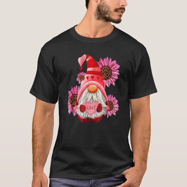 Happy Valentine's Day Gnome with Leopard Sunflower T-Shirt (Front)