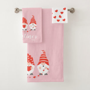 Happy Valentines Day Gnomes Red Pink Bath Towel Set