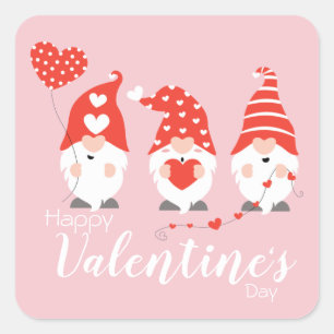 Happy Valentines Day Gnomes Red Pink Square Sticker