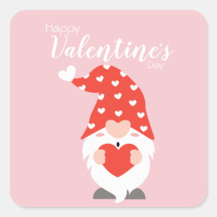 Happy Valentines Day Gnomes Red Pink Square Sticker