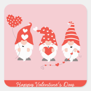 Happy Valentines Day Gnomes Red Pink Square Sticker