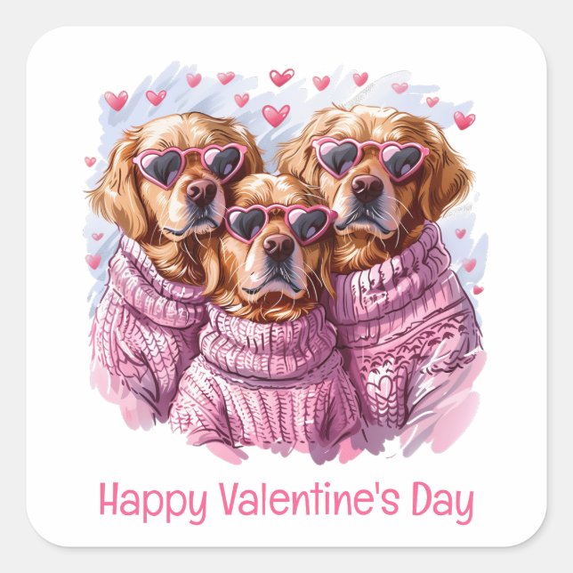 Happy Valentines Day Golden Retriever Dogs Square Sticker (Front)