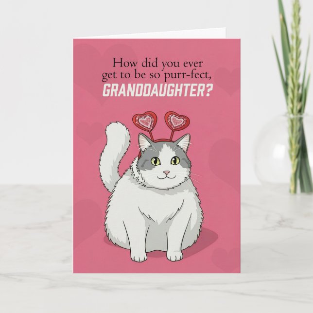Happy Valentines Day Granddaughter Cute Cat  Holiday Card (Front)