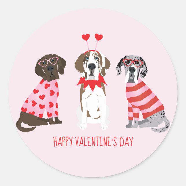 Happy Valentines Day Great Dane Dogs Classic Round Sticker (Front)