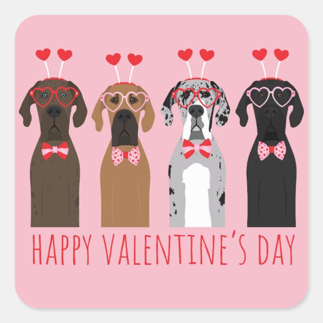 Happy Valentines Day Great Dane Dogs Square Sticker (Front)
