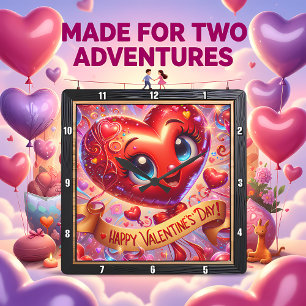 Happy Valentines Day Heart Character Square Wall Clock