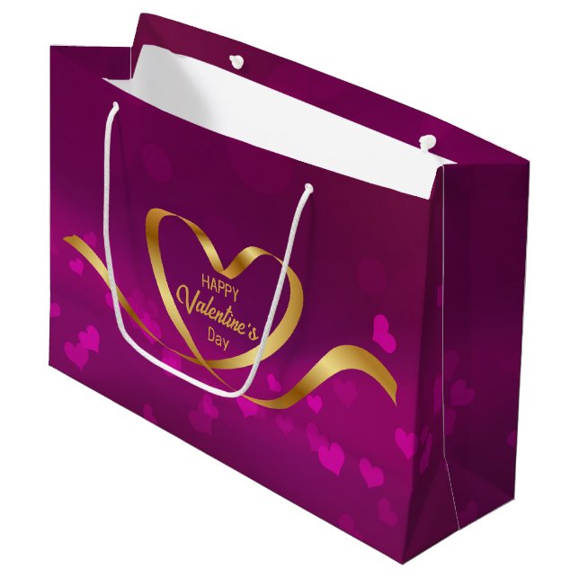Happy Valentine's Day Heart Gold Ribbon Purple Large Gift Bag (Front Angled)