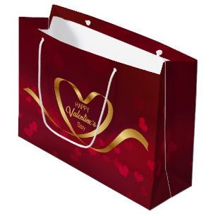 Happy Valentine's Day Heart Gold Ribbon Red Large Gift Bag