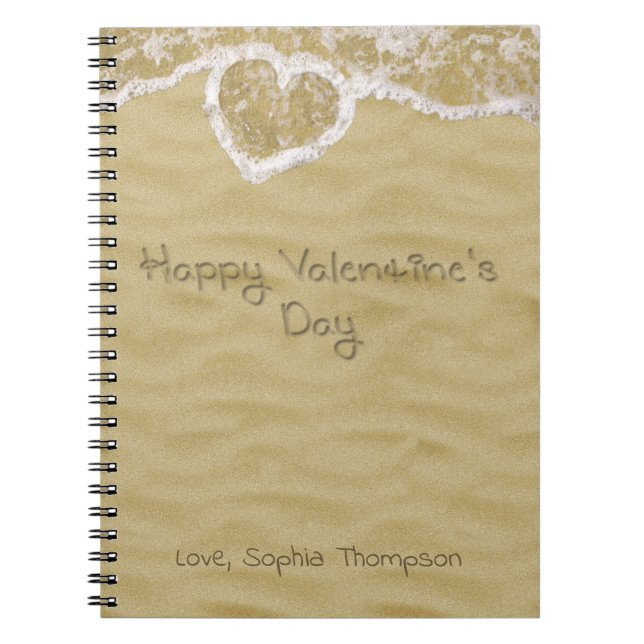 "Happy Valentine's Day" Heart written in Sand Notebook (Front)