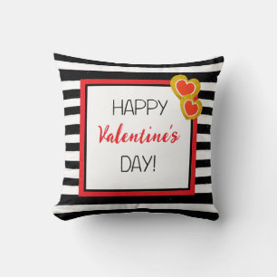Happy Valentine's Day Hearts Black Stripes Gift  Cushion