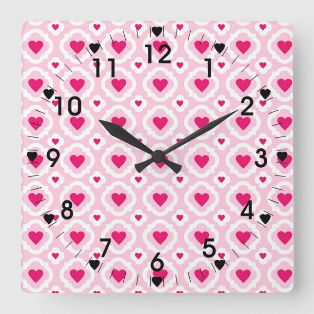 Happy Valentine's Day Hearts Pattern Pink Red Square Wall Clock (Front)