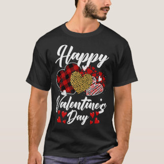 Happy Valentine'S Day Hearts With Leopard Plaid Va T-Shirt