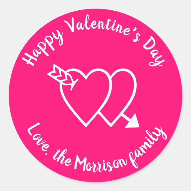 Happy Valentine's Day hot pink hearts custom  Classic Round Sticker (Front)