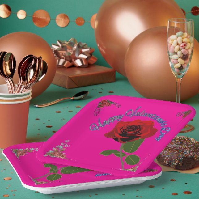 Happy valentine's day hot pink paper plate (Multi)