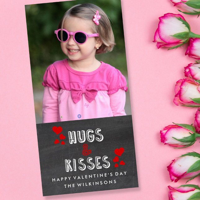 Happy Valentine's Day Hugs Kisses Chalkboard Photo Holiday Card (Creator Uploaded)